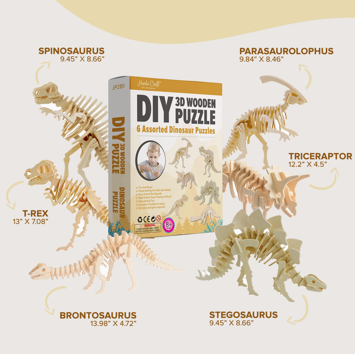 3D Wooden Puzzle - 6 Assorted Dinosaurs