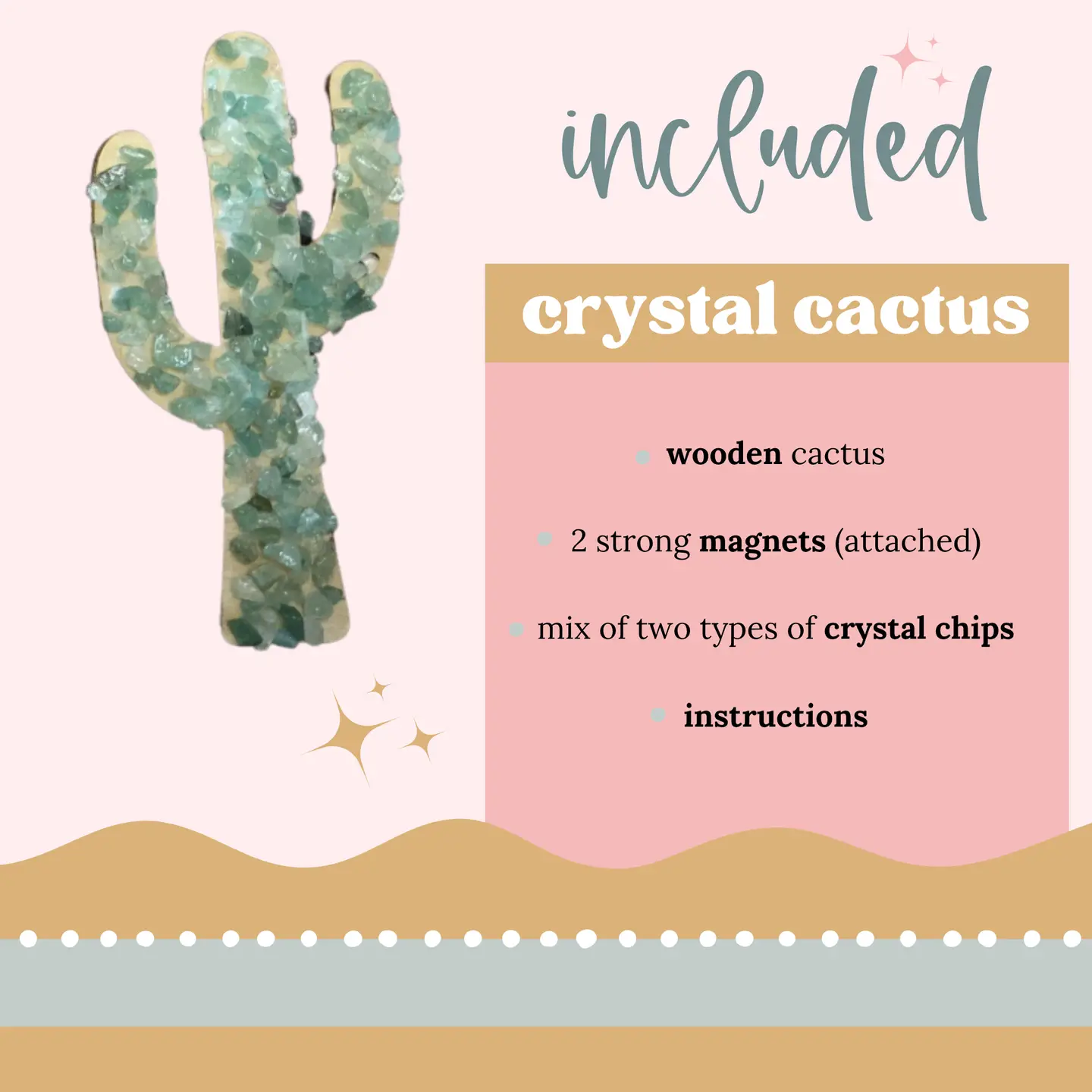 Crystal Cactus Magnet - Wooden Cactus with Crystal Chips