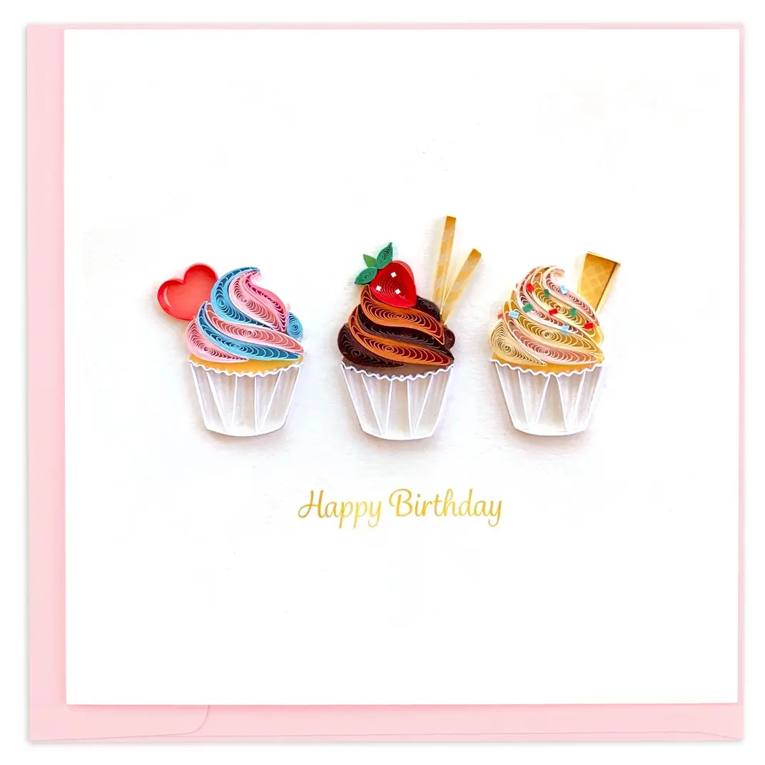 Birthday Cupcake Trio Quilled Greeting Card