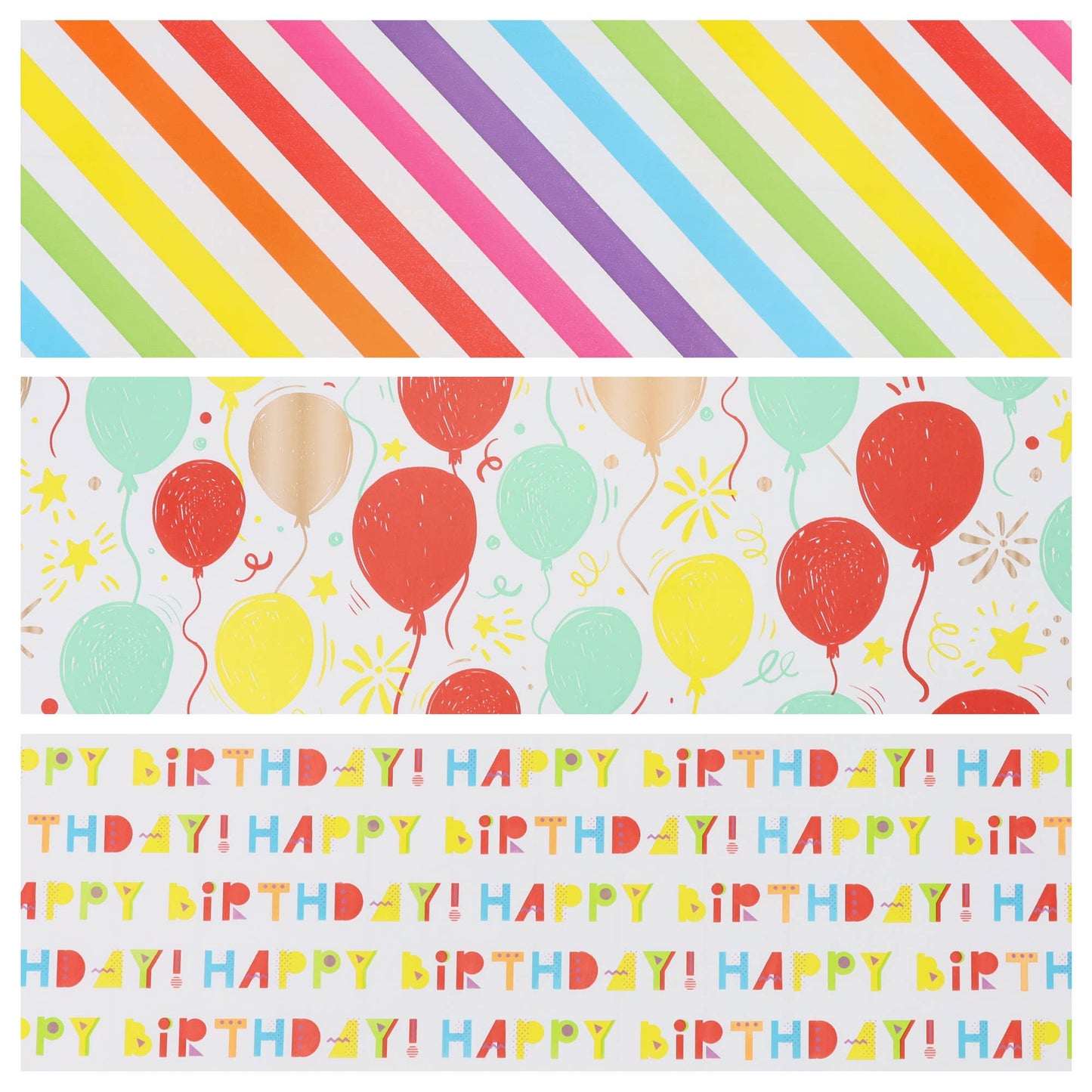 Happy Birthday/Balloons/Stripes - 30" x 10' Birthday Wrapping Paper Bundle (3-pack) |