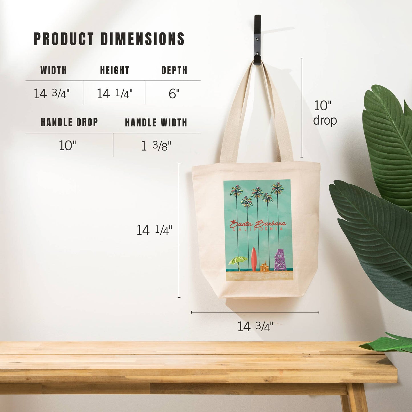 Surfboard and Palm Tree Santa Barbara Tote Bag