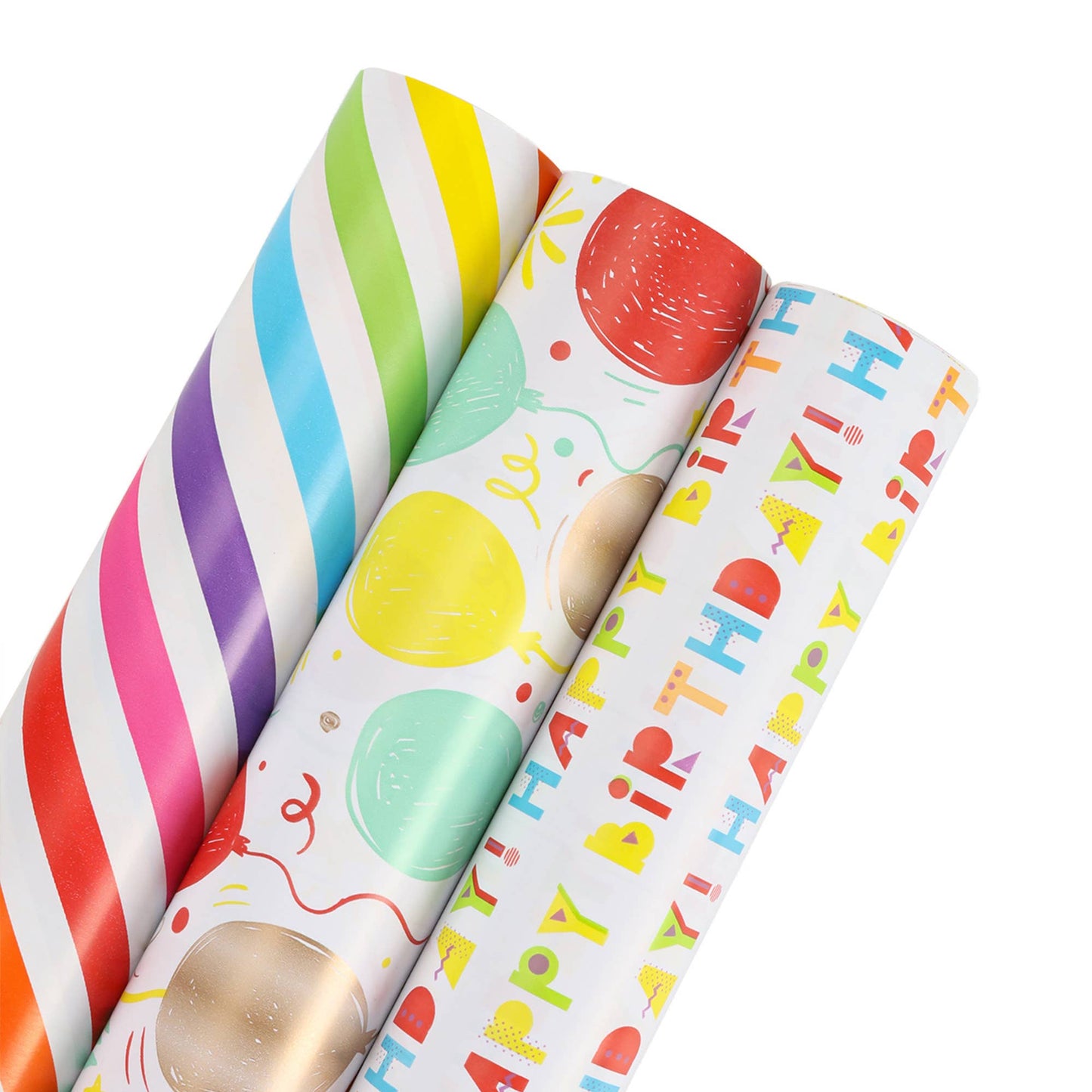 Happy Birthday/Balloons/Stripes - 30" x 10' Birthday Wrapping Paper Bundle (3-pack) |