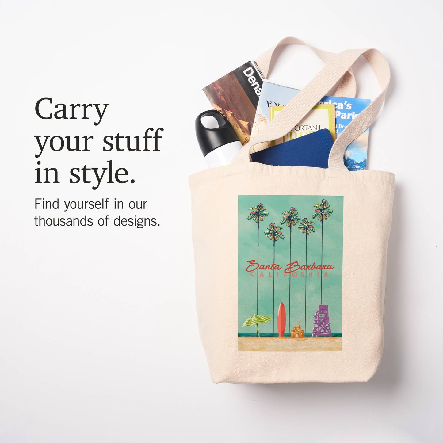 Surfboard and Palm Tree Santa Barbara Tote Bag
