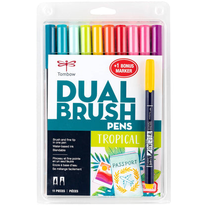 Dual Brush Pen, Tropical ,10-Pack +Free Fudenosuke