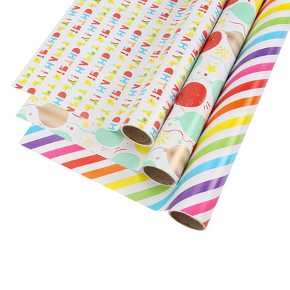 Happy Birthday/Balloons/Stripes - 30" x 10' Birthday Wrapping Paper Bundle (3-pack) |