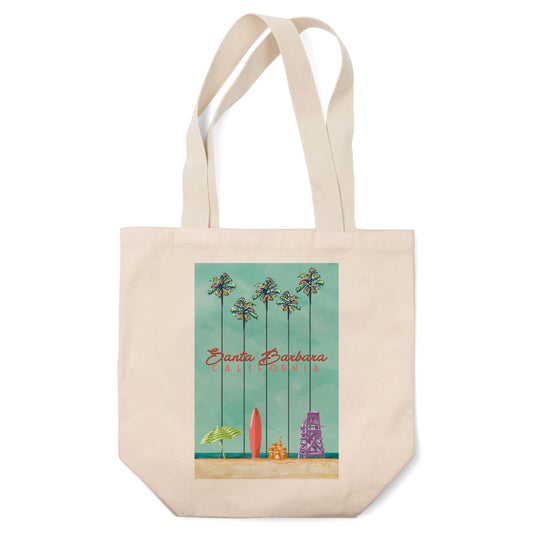 Surfboard and Palm Tree Santa Barbara Tote Bag