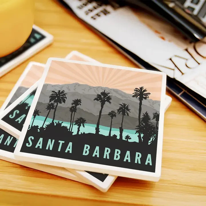 Silhouette Palm Trees & Mountain Santa Barbara Ceramic Coaster