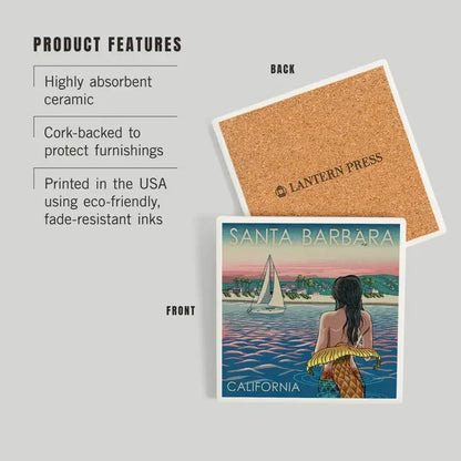 Mermaid in Ocean Santa Barbara Ceramic Coaster