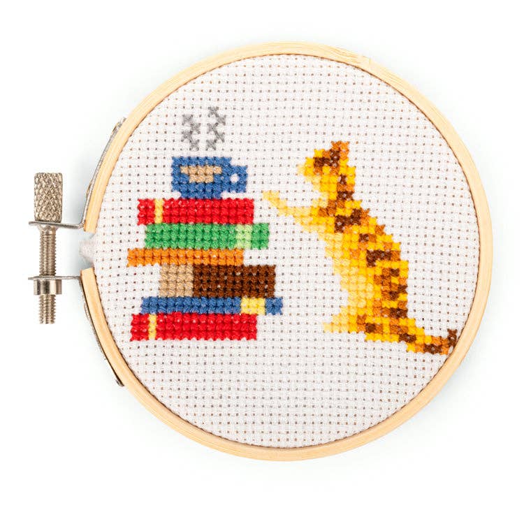 Cat with Books Mini Cross Stitch Embroidery