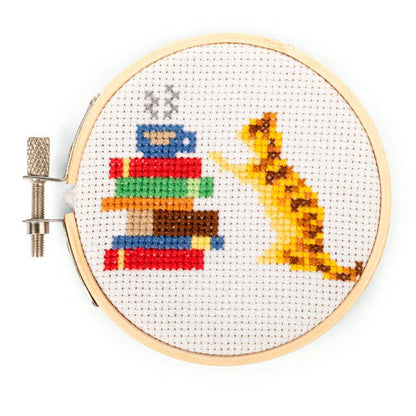 Cat with Books Mini Cross Stitch Embroidery
