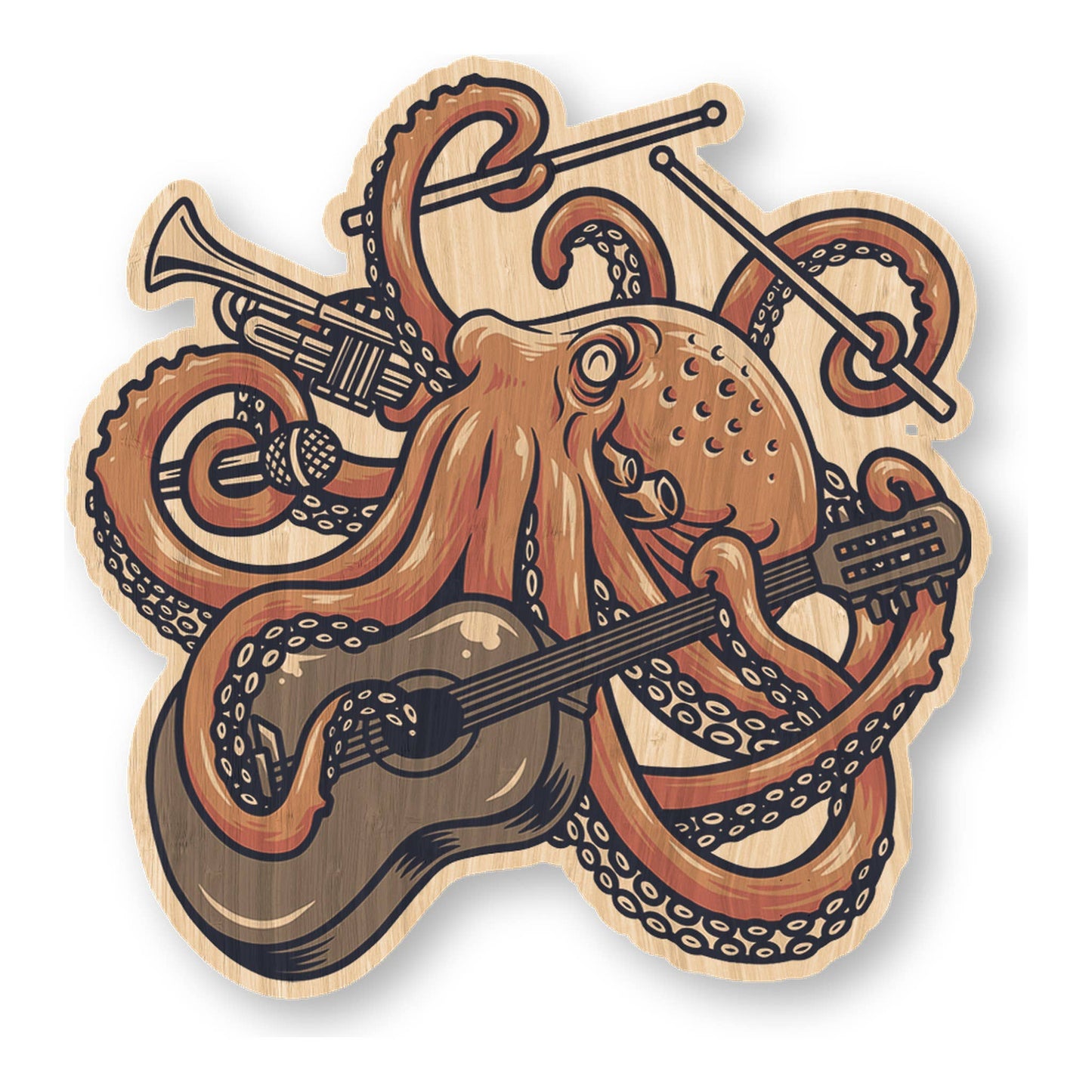 Musical Octopus - Ocean Bamboo Wood Sticker
