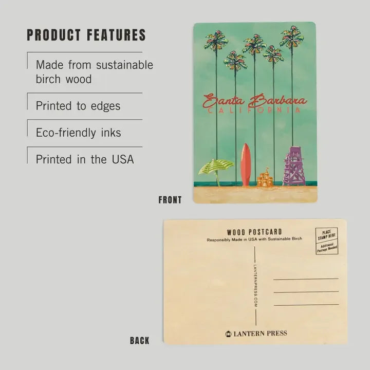 Santa Barbara Wood Postcards - Palm Trees and Surfboard