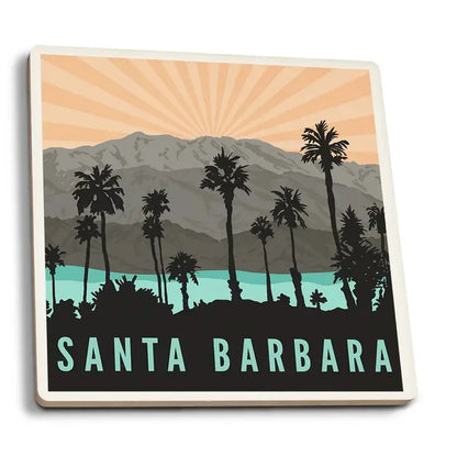 Silhouette Palm Trees & Mountain Santa Barbara Ceramic Coaster