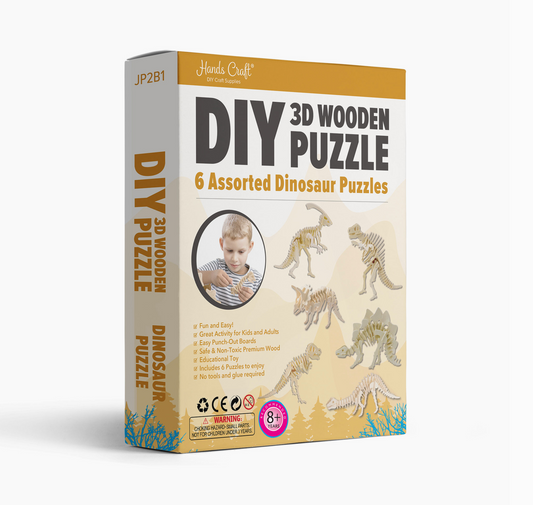 3D Wooden Puzzle - 6 Assorted Dinosaurs