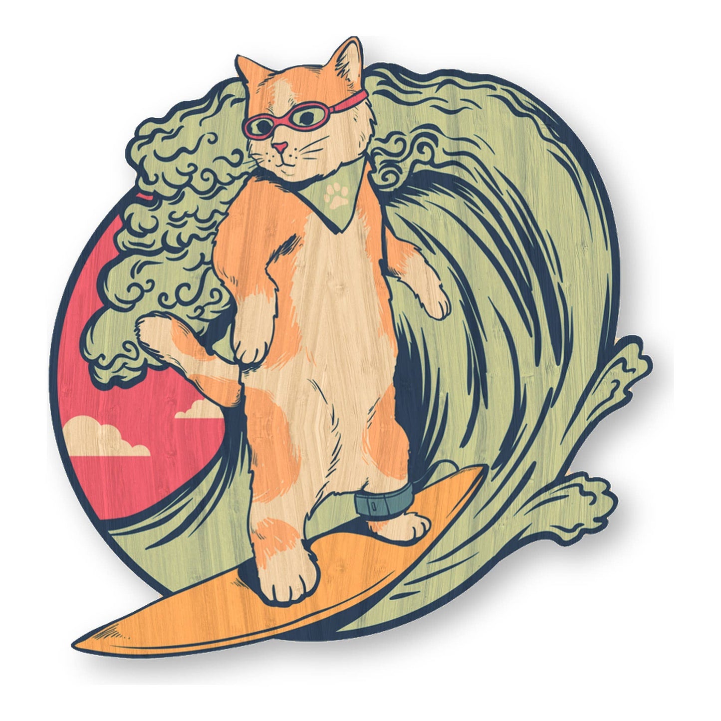 Surfing Cat - Bamboo Wood Sticker