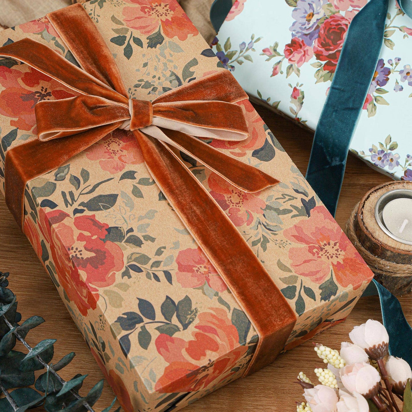 Kraft Pink Floral - 30" x 10' Wrapping Paper