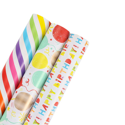 Happy Birthday/Balloons/Stripes - 30" x 10' Birthday Wrapping Paper Bundle (3-pack) |
