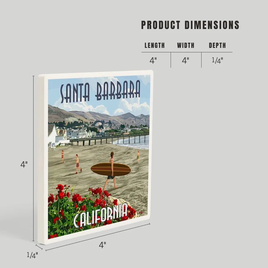 Beach Surfer Santa Barbara Ceramic Coaster