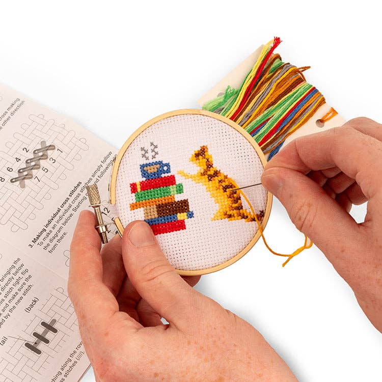 Cat with Books Mini Cross Stitch Embroidery